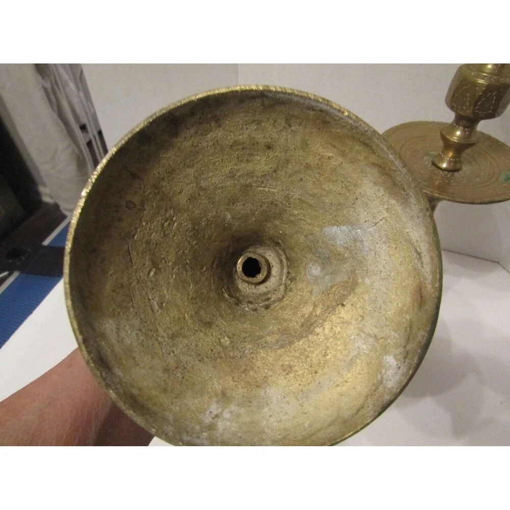 Moroccan Candle Holders Vintage 1950s Solid Brass Mid Century Set Pair Etched
